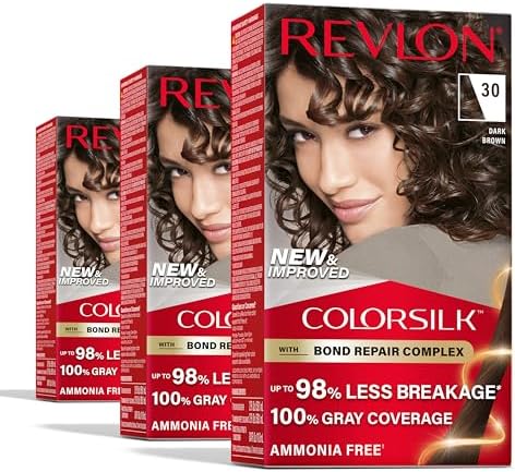 Revlon ColorSilk with Bond Repair Complex, Brown Permanent Hair Color, 100% Gray Coverage, Ammonia Free Hair Dye, Vegan Keratin, 30 Dark Brown (Pack of 3)
