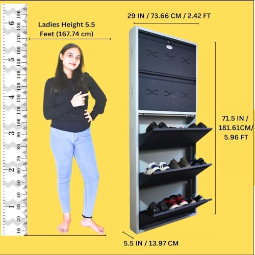 Image of I Metal Shoe Rack I Double Lock I Slim and Wall Mounted I 5 Shelves (Grey Colour) I Coad LC 2L-05 GR I Height 71.5 Inches, Width 29 Inches, Depth 5.5 Inches I 3 Years Warranty.