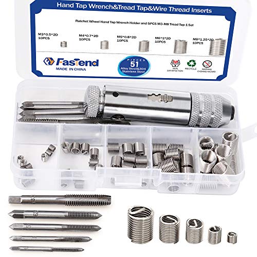 Adjustable Ratchet Wheel Hand Tap Wrench Holder and 5PCS M3-M8 Metric Tread Tap Manual Tapping Accessories&304 Stainless Steel Wire Thread Inserts Helical Threaded Insert Kit