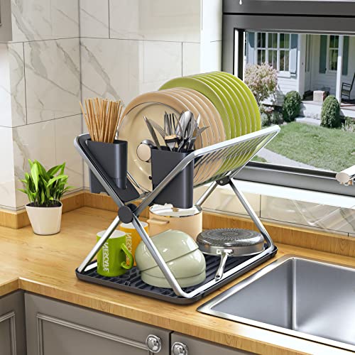 Égouttoir à vaisselle pliable en aluminium pour comptoir de cuisine avec 2 porte-ustensiles - Égouttoir à vaisselle pliable et antirouille avec égouttoir - Gris Cover