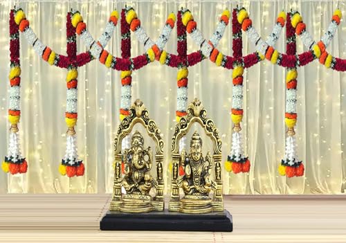 Image of Artificial White Gajra Jasmine & Colourful Flower Strings for Wedding Decorations, Event Decor Perfect for Diwali, Ganpati & Pooja /Temple /Mandir Decoration, 5ft (6, Pink-Marigold - 5ft)