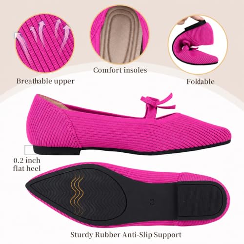 Image of TINGRISE Women's Pointed Toe Flats Comfortable Knit Ballet Shoes Washable Dressy with Bow Business Casual Work Shoes