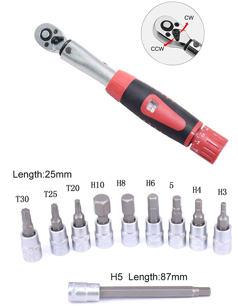 POFET Llave dinamométrica para bicicleta y motocicleta 1/4 "Socket Set 2-24Nm Kit de herramientas de reparación de par adaptador de par llave tubular (rojo)