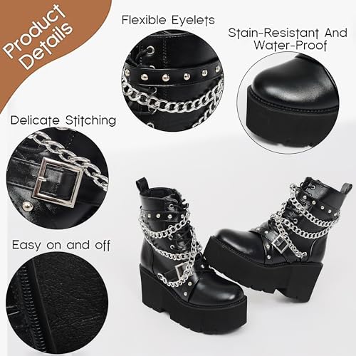 Women's Fashion Goth Boots,Black Chunky Platform Combat Ankle Booties Zipper Punk Boots Mid Calf Boots for Women3