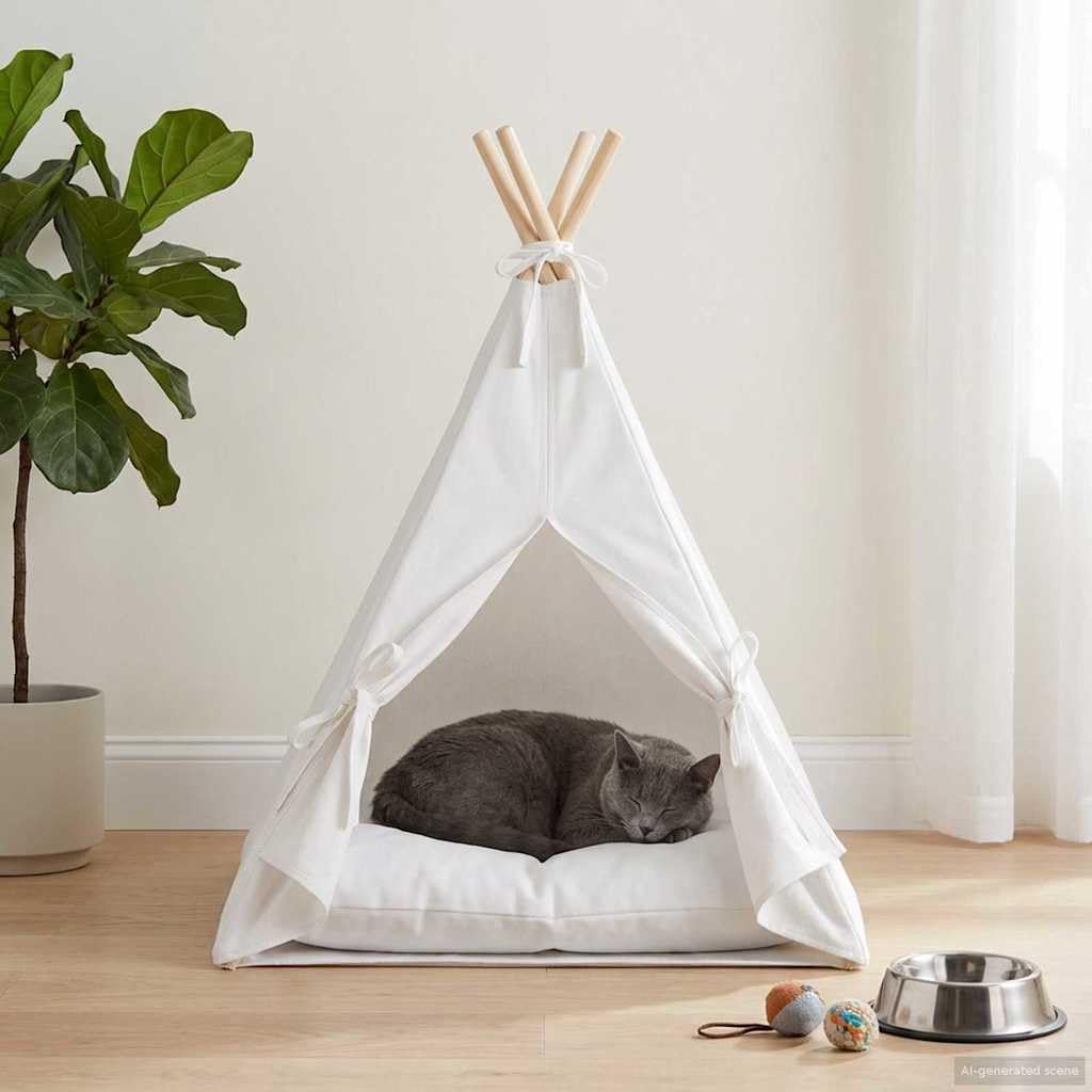 Tipi pour petits chiens et chats, niche en bois de pin, tente pour chat avec coussin doux, espace de couchage pour l'intérieur, 40 x 40 x 50 cm