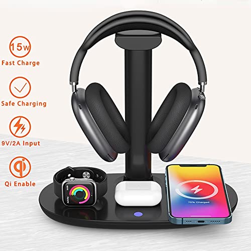 SZAMBIT Stand para Fone de Ouvido com Carregador Sem Fio 15W,4 em 1 Qi Titular da Estação de Carrega