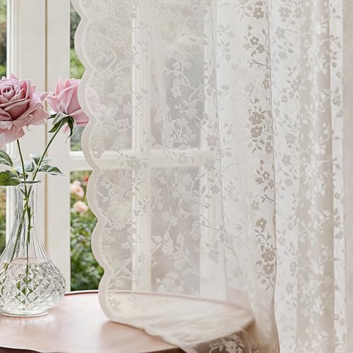 Anmao Vintage Lace Sheer Curtains 96 Inches Long - Romantic Floral Semi-Sheer Voile Panels for Living Room & Bedroom, Rod Pocket Light Filtering Drapes, Set of 2 Panels (55" W x 96" L), Beige