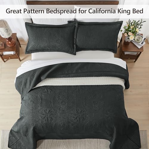 Qucover Black Oversized King Bedspread 128x120, All-Season Lightweight California King Quilt Set, with 2 Shams, Soft Microfiber King Size Bedspread Oversized, Black