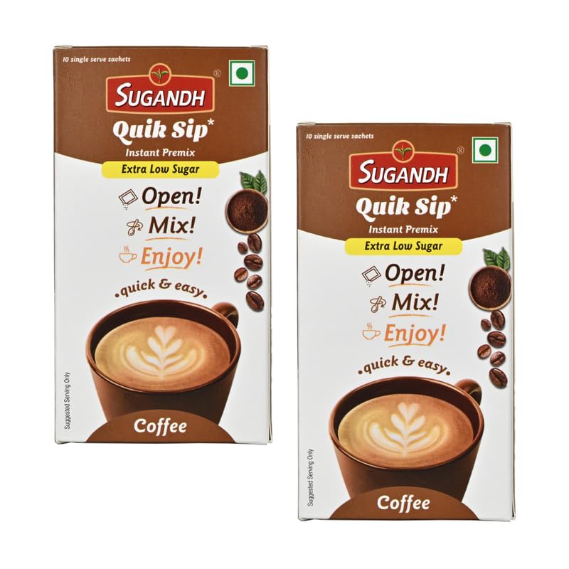 Image of Sugandh Quik Sip Instant Coffee Premix (Pack of 2) Extra Low Sugar- Single Serve Sachets - Unit Count: 2 Boxes of 10 Sachets each, Medium Roast