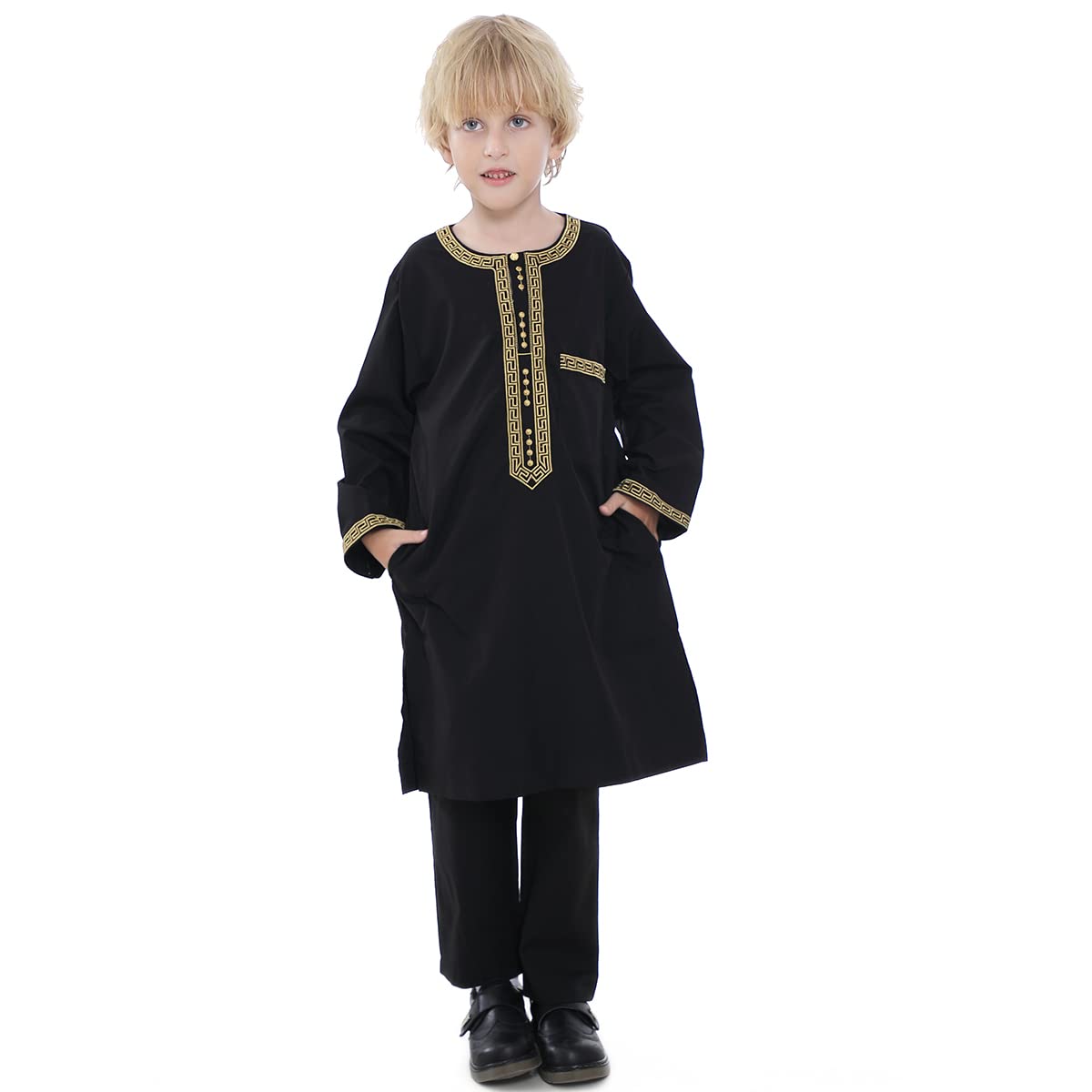 Boys Muslim Round Collar Long Sleeves Ramadan Robe Suit