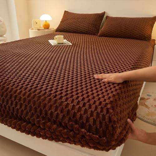 Homxi Spannbettlaken Einzelbett Topper mit Elasthan mit 2 Kissenbezüge,120 x 200 cm,Boxspringbetten Matratze Samt Einfarbig Bettlaken mit Einzelbett Dunkelbraun