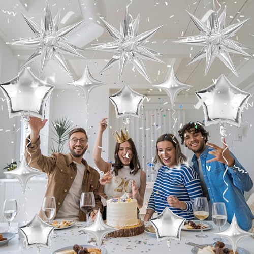 Image of Star Balloons New Years Balloons 22 Inch Metallic Silver Explosion Stars Foil Balloon 18 10 In Chrome Star Shaped Helium Balloon for Happy New Year Eve Baby Shower Wedding Birthday Party Decor