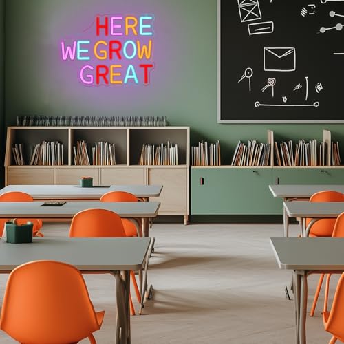 Image of Here We Grow Great Neon Sign for Wall Decor Classroom Neon Light Plant LED Sign Colorful Letter Neon Light Sign for Classroom Bar Home shop Decoration