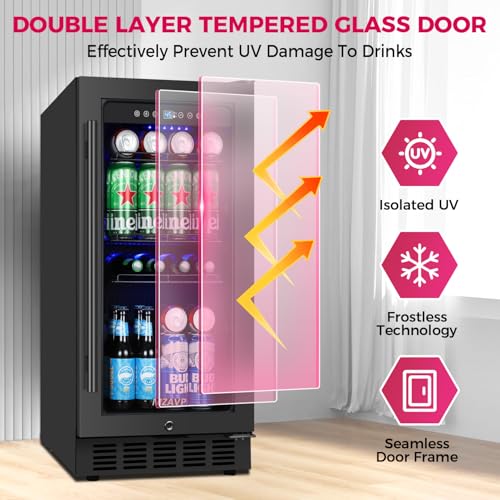 Image of 15 Inch Beverage Cooler Refrigerator, 15 inch Beverage Cooler Under Counter 130 Cans Beverage Fridge with Glass Door, Freestanding or Built-In Mini Drinks Fridge with Lock for Soda, Beer, Black