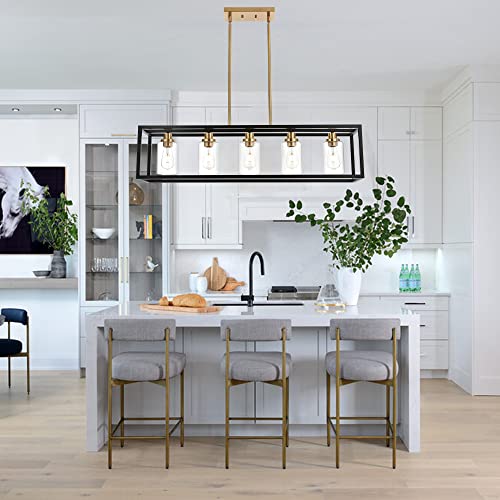 Melucee Black Chandeliers Rectangle 5 Lights Dining Room Lighting Fixtures Hanging Over Table, Kitchen Island Lighting Linear Pendant Light Ceiling With Clear Glass Shade And Brushed Brass Socket #TOP6