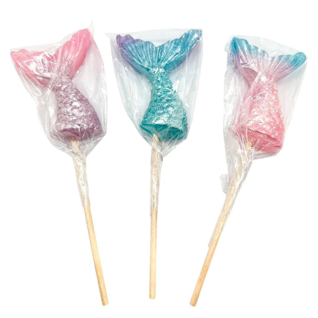 Mermaid Candy Lollipops - 12 Suckers Individually Wrapped - Great for Mermaid Party Favors - Goodie Bags for Kids Birthday - Candy Bar - Pretty Mermaid Tails Cupcake Toppers