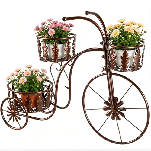 SUNREEK Metal Bicycle Planter Stand, 3 Tier Flower Pot Stand Cart with 3 Plant Buckets, Outdoor Garden Decorative Planter for Yard Patio Lawn Flower Shop Home Decor (Bronze)