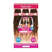 JANET COLLECTION Nala Tress Premium Handmade Synthetic Hair Bundles 3X BOHO CHIC BOMB TWIST 14""Crochet Braid BOB STYLE 1 PACK, 1, Jet Black, 1