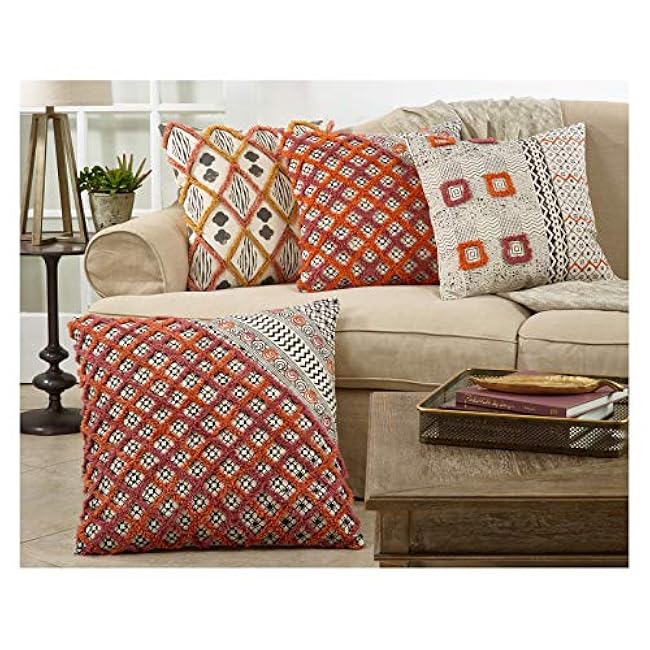 Coral Orange Block Print Embroidered Floor Decorative Throw Pillow - Cover Only, Filling Not Included, 28 Square, 100% Cotton, (1 Piece).