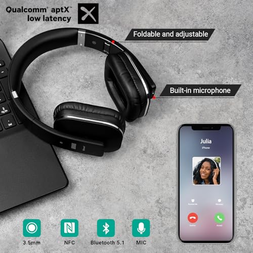 Image of August EP650 Bluetooth Wireless Over-Ear Headphones with aptX Low Latency, NFC, Multipoint Pairing, Wired Option, Built-in Microphone - Black | aptX Low Latency, NFC, Multipoint Pairing, Wired Option, Built-in Microphone, Audio EQ
