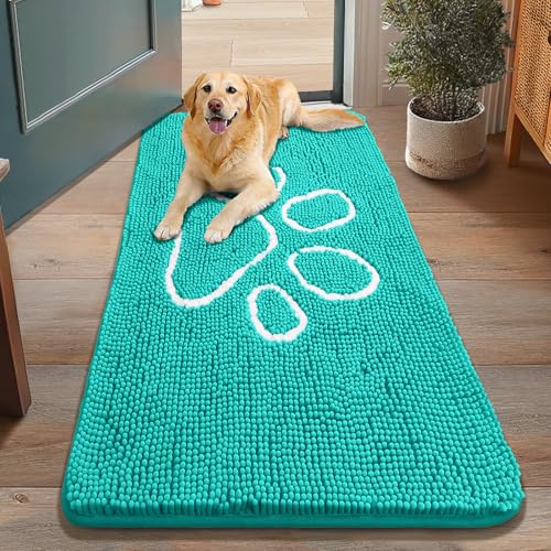 Image of Smiry Dog Door Mat for Muddy Paws, Absorbent Dirt Trapper Non Slip Quick Dry Washable Chenille Mat for Mud Dogs, Entry Rug for Indoor and Outdoor (48x30 Inches, Turquoise and White)
