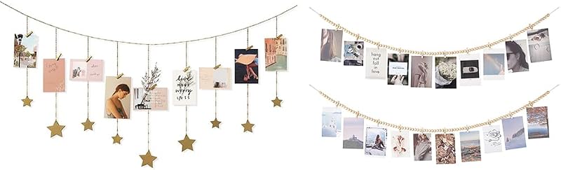 Mkono Set of 3 Metal Hanging Photo Display and Wooden Bead Garland for Bedroom, Living Room, Nursery Dorm, Teen Girl Gifts