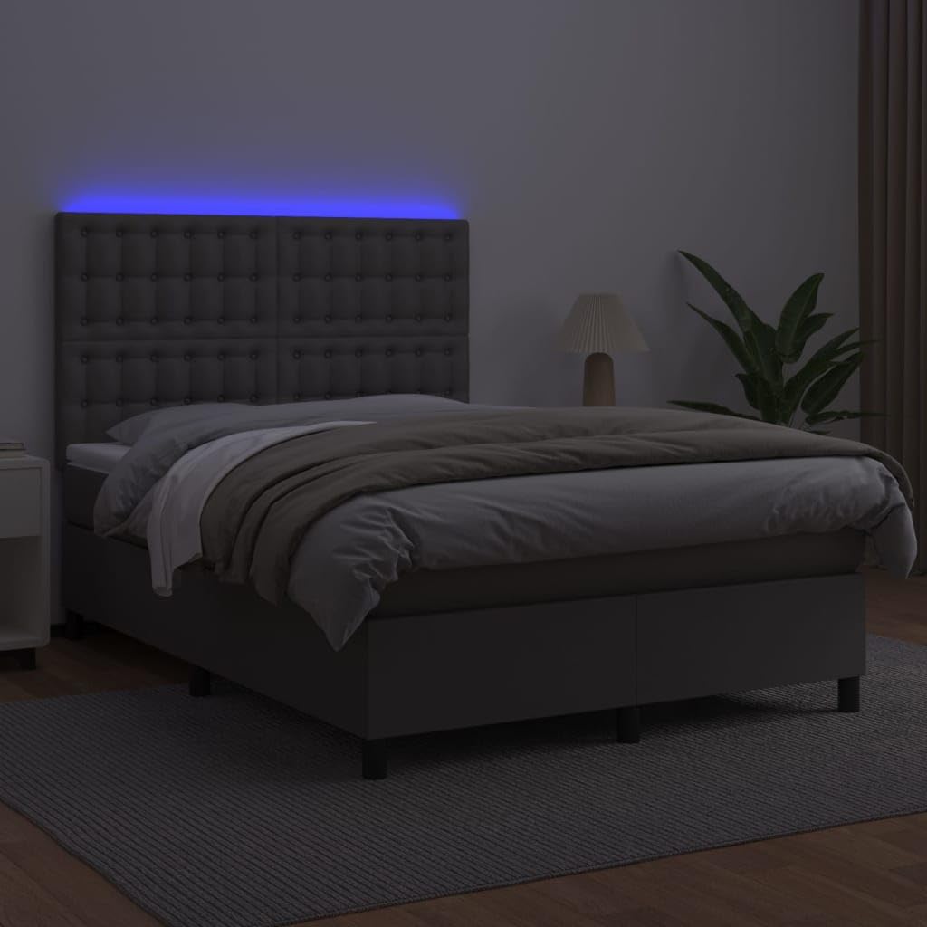 Sztuczna skóra z odpornością na plamy z regulowanym zagłówkiem | Łóżko kontynentalne z materacem 140x190 LED szara ekoskóra z zagłówkiem i ochraniaczem do sypialni