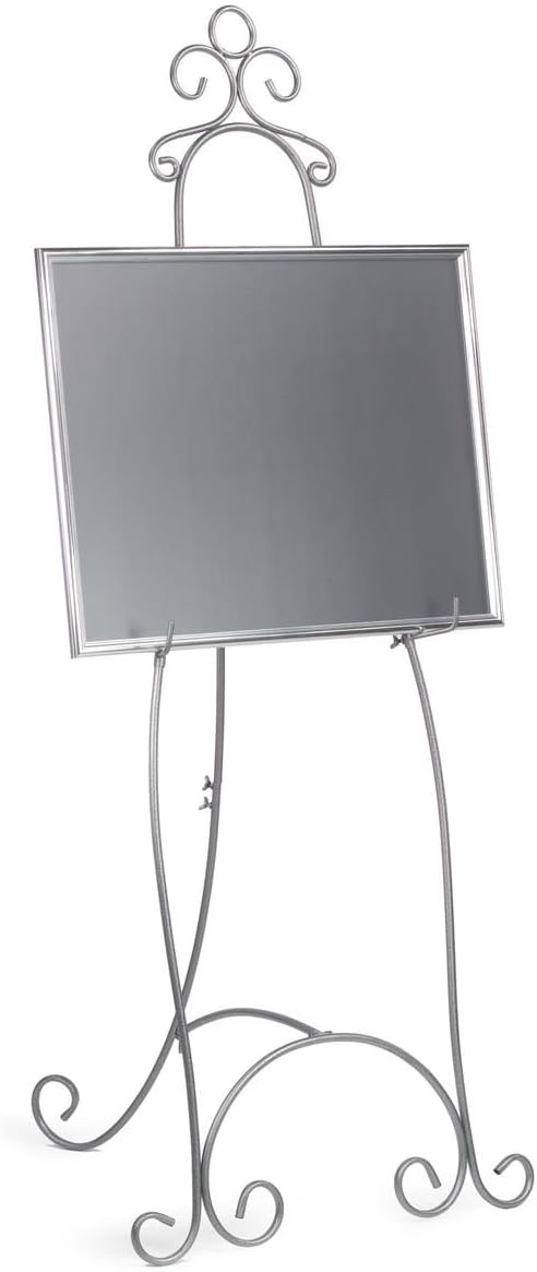 Floor Easel with Decorative Scroll Detailing, Height-Adjustable Hooks, 71.25 inches Tall, Metal - Silver