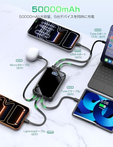 モバイルバッテリー 大容量【50000mAh大容量・22.5W急速充電】5台同時充電可能 4本ケーブル内蔵 PD&QC&SCP急速充電対応 モバイルバッテリー 軽量 小型 Type-C入出力ポート 低電流モード搭載 パワーバンク LEDディスプレイ 携帯充電器 PSE認証済み・安全回路保護 IOS&Android対応 旅行/出張/緊急防災