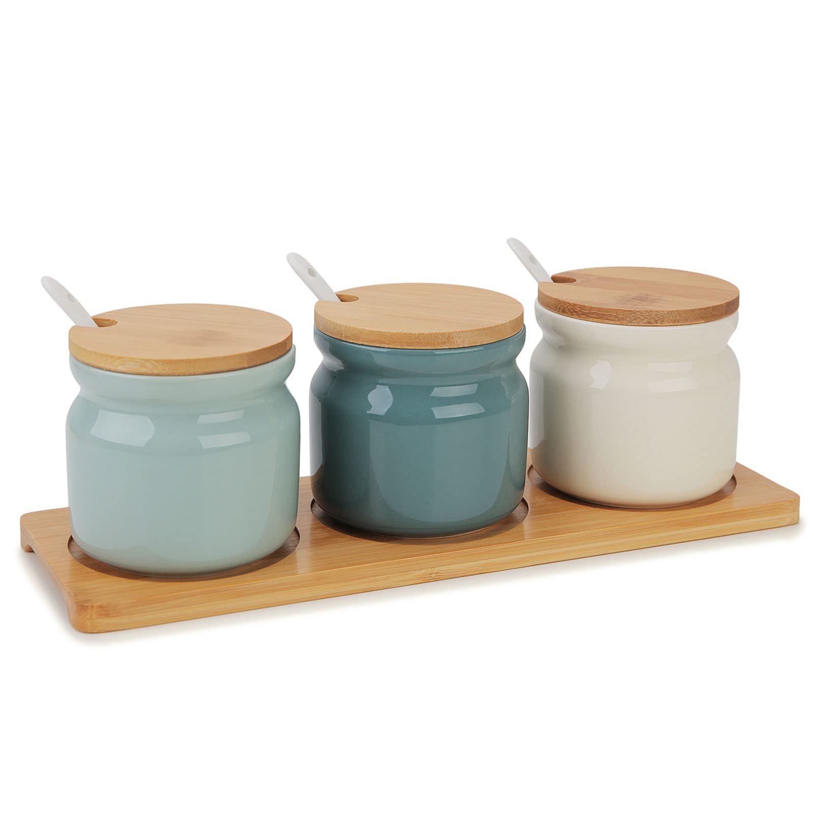 Chase Chic Tarro de condimentos, Juego de Tarros de Cerámica para Condimentos con Tapas, Cucharas y Bandeja de Madera, Cerámica Spice Jar Envase 230ml, Ideal para La Cocina del Hogar