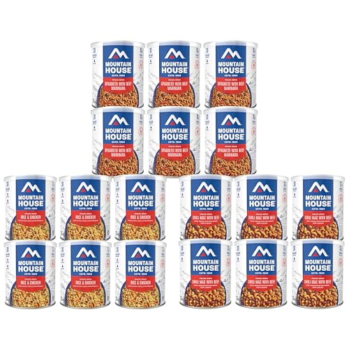 Mountain House 126 Serving Survival & Emergency Food Supply 18 Cans of Lunch & Entree Meals Includes Rice & Chicken, Chili Mac with Beef, Spaghetti with Meat Sauce Ready to Eat Food 30-Year Shelf Life