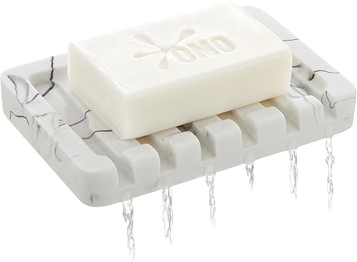 Miniatura 3 de Jabonera autodrenante, 2 piezas, con aspecto de mármol, bandeja para guardar jabón, contenedor de esponja para baño, ducha, cocina, color blanco