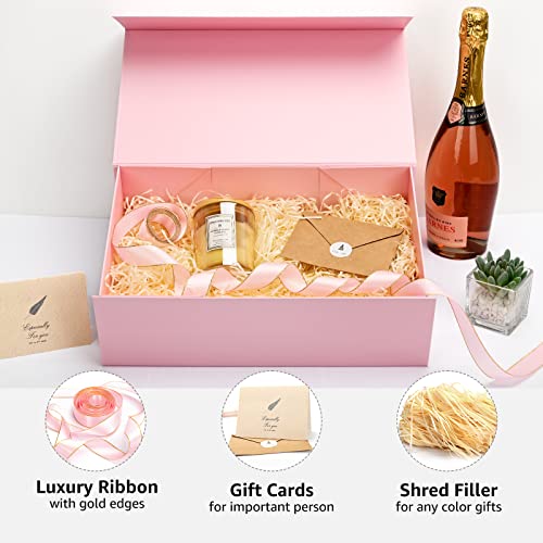 Image of LIFELUM Gift Boxes for Presents, Extra Large Gift Box 2 Pack 13.85 x 8.35 x 4.45 inch with Magnetic Lid Pink Gift Box With Ribbon, Card, Shredded Paper Filler