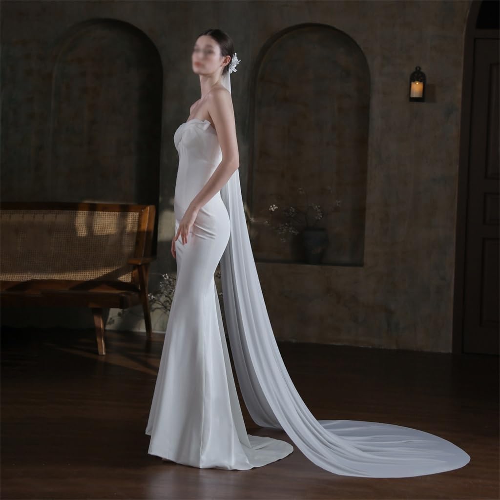 Long Spandex mesh Bridal Headdress with White Flower Tail Church Travel Photo Wedding Headdress