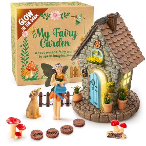 My Fairy Garden Kit – 11-Piece Fairy House Set - 7.1' High Fairy House for Outside with Open Door & Solar Light, Fairy & Dog Figurines, Mushrooms & Miniature Accessories – Outdoor Decor Gift