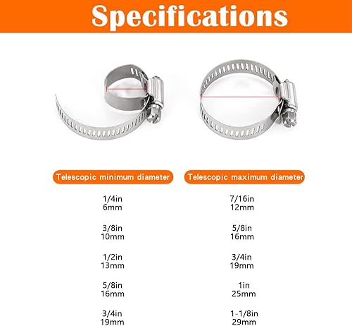 Vista 12 de Dianrui 25 abrazaderas de manguera de 1/4 a 1/2 pulgadas (0.236-0.472 in) de acero inoxidable 304 engranaje helicoidal 304 abrazaderas de manguera