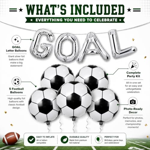 Image of Atpata Funky Football Theme Foil Balloons - 18 Inch Round Football Shape Foil Balloons for Kids Sports Themed Birthday Party Decor and Goal theme Celebrations (GOAL & 5pcs. Football)