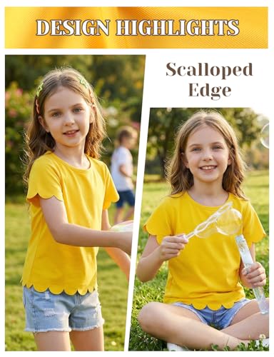 Image of Noomelfish Girls Short Sleeve Scalloped Edge T-Shirts Casual Cute Summer Tee Tops Blouse (5-12 Years)