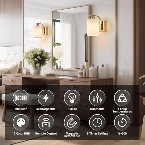 Image of Battery Operated Wall Sconce Set of 2, Gold Rechargeable Fabric Wall Lights with Remote Control,15 Colors Wireless Wall Sconce with 3000mAh Dimmable Detachable Bulb for Bedroom, Living Room, Hallway