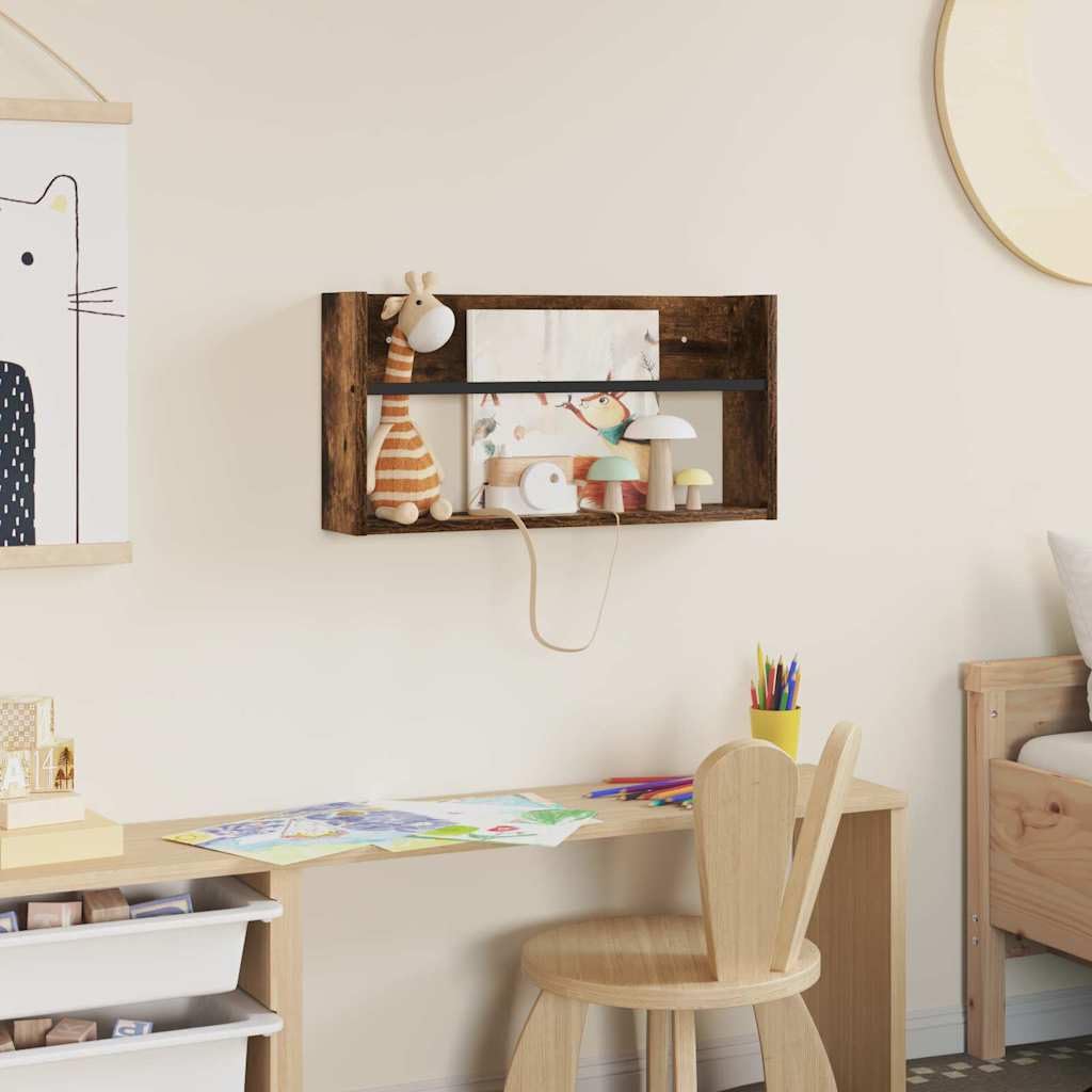 Regał na magazyny, dąb wędzony, materiał drewnopochodny, 60 x 12 x 30 cm, montowany na ścianie, z 1 regałem na deski do salonu, biura, korytarza, kącika do czytania, do oszczędzającego