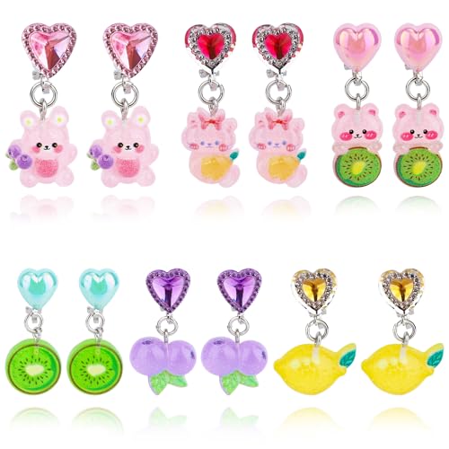 Mikovivi 6 Pairs Colorful Clip on Drop Earrings Set, Resin No Pierced Design Kids Child Dangle Earrings Cute Butterfly Ear Clips for Children Toddler Party Daily Wearing Princess Jewelry