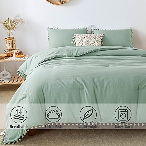Edredón verde salvia matrimonial con flecos de pompones juego de 3 piezas de microfibra suave 4