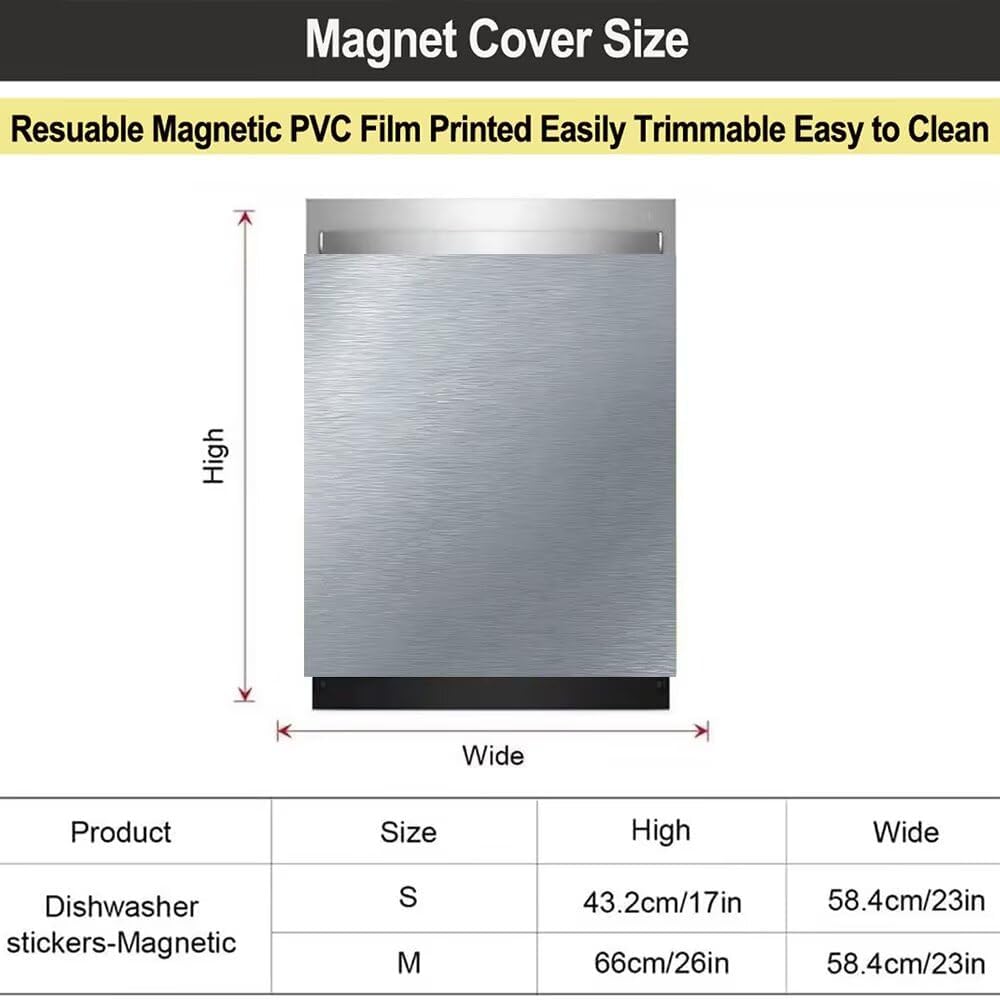 Silver Brushed Stainless Steel Dishwasher Magnet Cover,Stainless Steel Magnetic Sticker, Silver Refrigerator Panel Decal,Reusable, Suitable for Kitchen Appliances and Washing Machine,23"X26"