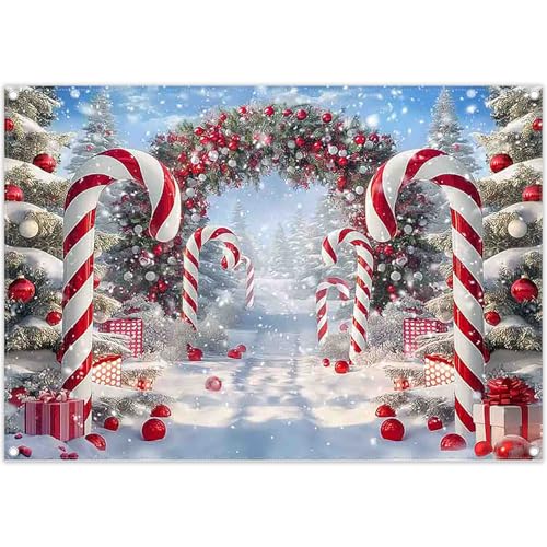 Luminora 2,1 x 1,5 m - Fondo navideño con Arco de Bastones de Caramelo Rojos de, árbol de Navidad, Invierno, Fondo de país de Las Maravillas, decoración de cumpleaños, Fiesta, Pancarta fotográfica