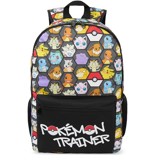 Get Trend Pokemon Kids Backpack for Boys Anime 18in Book Bag Adjustable Padded Straps Travel School Bag Gamers Gifts (Black/Multi Pokemon)