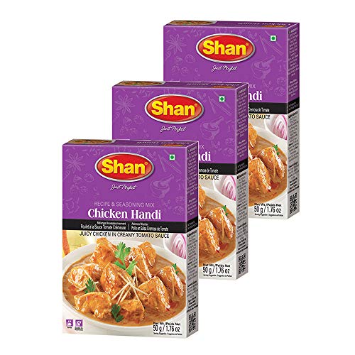Shan Chicken Handi Recipe and Seasoning Mix 1.76 oz (50g) - Juicy Chicken in Creamy Tomato Sauce |Spice Mix for Authentic Flavor | Vegetarian Spice Powder | Airtight Bag (Pack of 3)