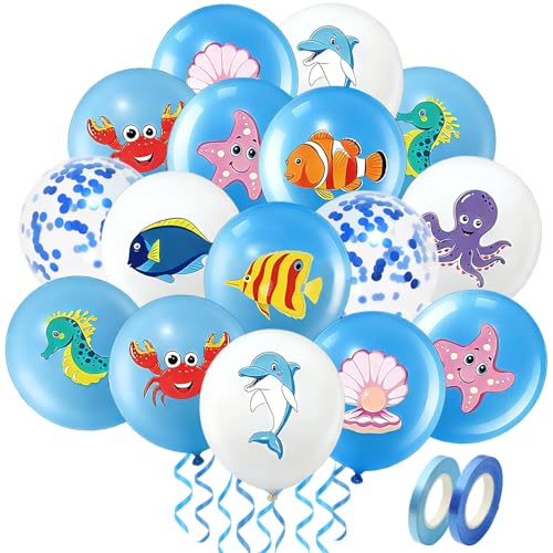 Lot de 20 ballons avec motifs marins et paillettes, 30,5 cm, 9 designs différents océan, en latex bleu et blanc, pour le monde sous-marin, la décoration...