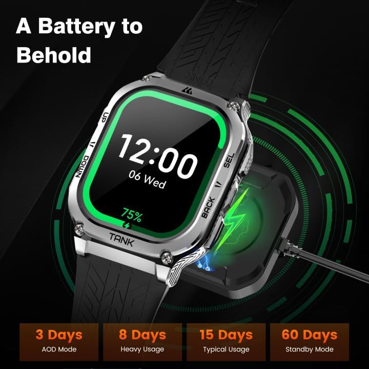 AMAZTIM Smart Watch, 60 Days Extra-Long Battery, 5ATM Waterproof Swimming Diving, Full Metal Military Grade, Answer/Make Call, 2" AMOLED Display, Health Monitor Compatible for iPhone and Android Tactical Silver image 7 of 9 B0DS6355LS