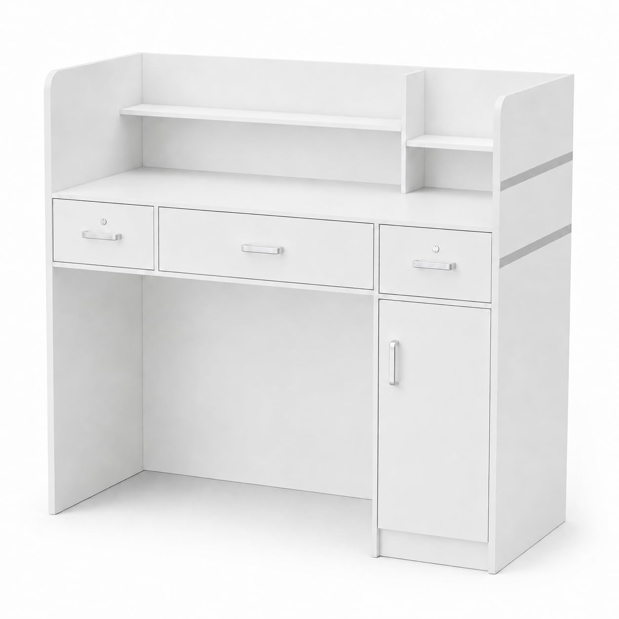 Banco reception, banco reception, tavolo con 3 cassetti e ripiani per sale aziendali, reception alberghiere, negozi di abbigliamento, bianco, 120 cmx 48 cm x 110 cm