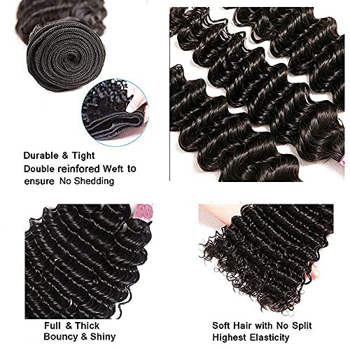Image of #1B Black Bundles Human Hair Deep Wave Bundles 16 18 20 Inch Natural Black Deep Curly Bundle Human Hair Extensions Unprocessed Virgin Remy Hair 3 Bundle 50 Gram Per Bundle